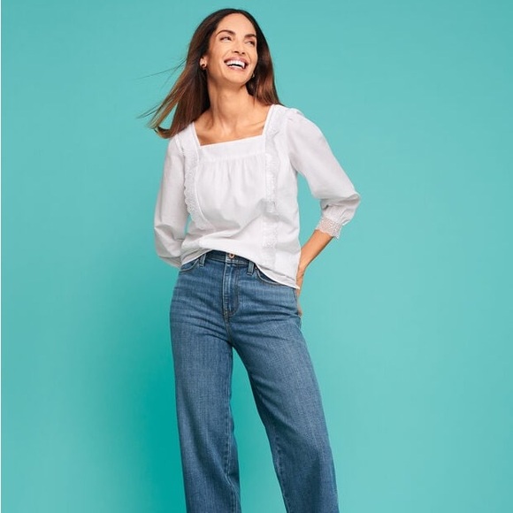 Talbots poplin square neck top blouse lace boho - Picture 3 of 14